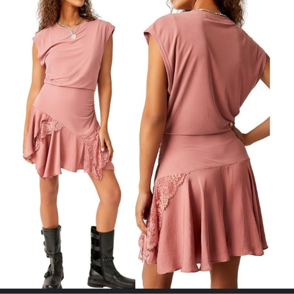 Free People Jazzy Cap Sleeve Lace Trim Mini T-Dress Rose Smoke Womens Size xs